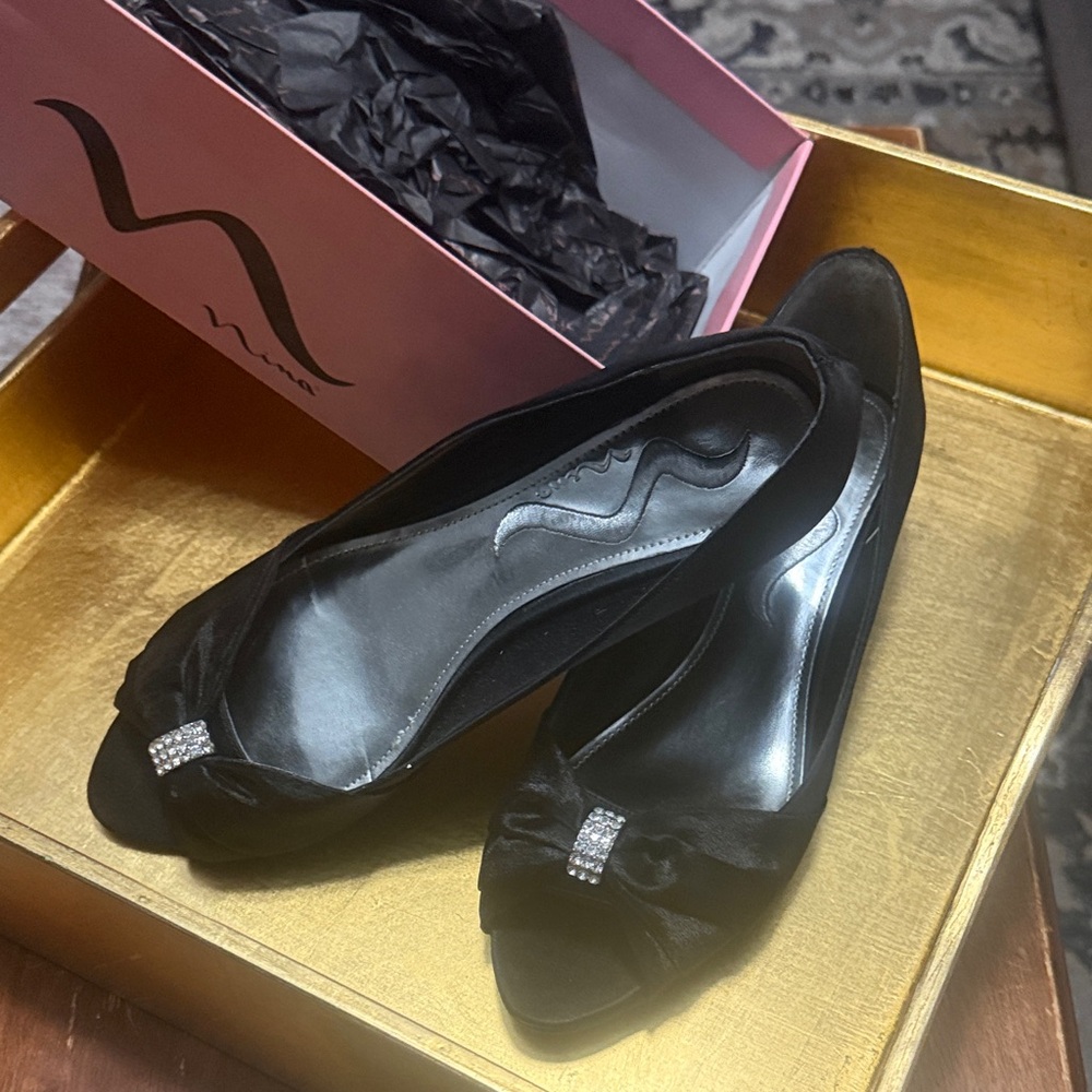 Nina Black Peep Toe Heels with Bow Accent